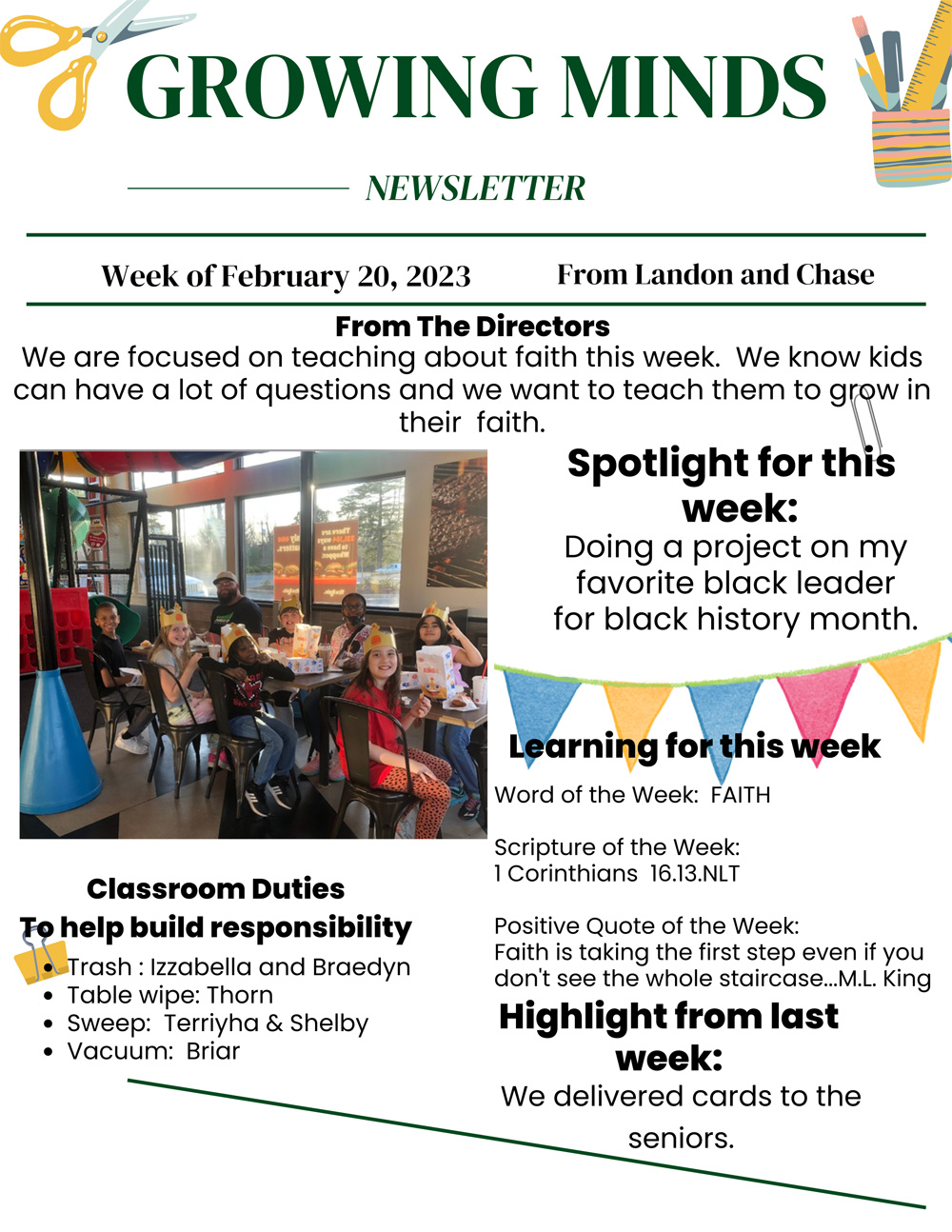 February 20th Newsletter Growing Minds Mentoring Center